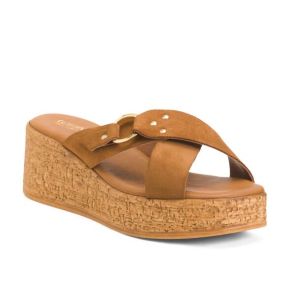 NWT LOTTINI Italy Suede Cross Band with Buckle Cork Wedge Slide on Sandals - Picture 2 of 4